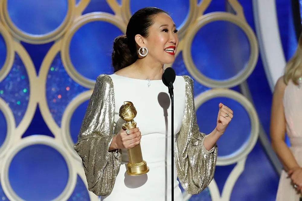 Sandra Oh at the Golden Globes. Courtesy of Paul Drinkwater/NBC Universal, via Getty Images